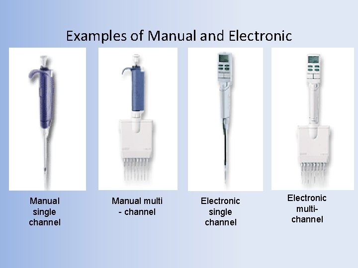 Examples of Manual and Electronic Manual single channel Manual multi - channel Electronic single