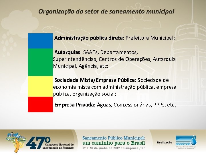 Organização do setor de saneamento municipal Administração pública direta: Prefeitura Municipal; Autarquias: SAAEs, Departamentos,