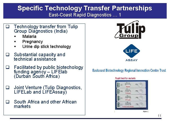 Specific Technology Transfer Partnerships East-Coast Rapid Diagnostics … 1 q Technology transfer from Tulip