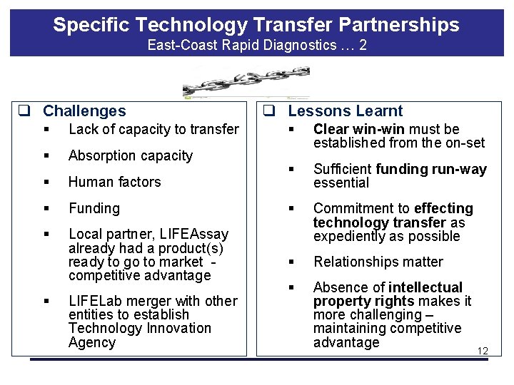 Specific Technology Transfer Partnerships East-Coast Rapid Diagnostics … 2 q Challenges § Lack of