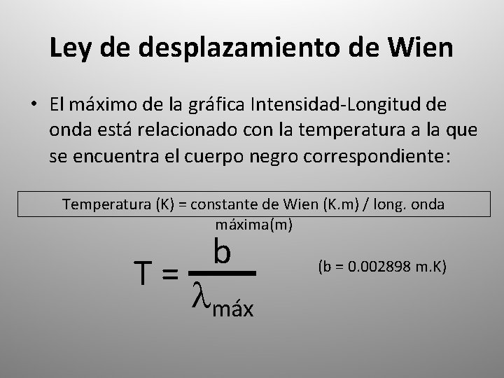 Ley de desplazamiento de Wien • El máximo de la gráfica Intensidad-Longitud de onda Ley de desplazamiento de Wien • El máximo de la gráfica Intensidad-Longitud de onda