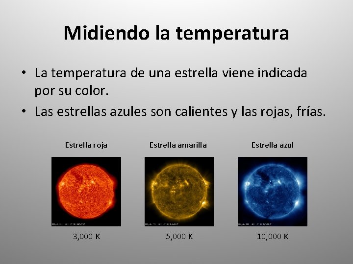 Midiendo la temperatura • La temperatura de una estrella viene indicada por su color.