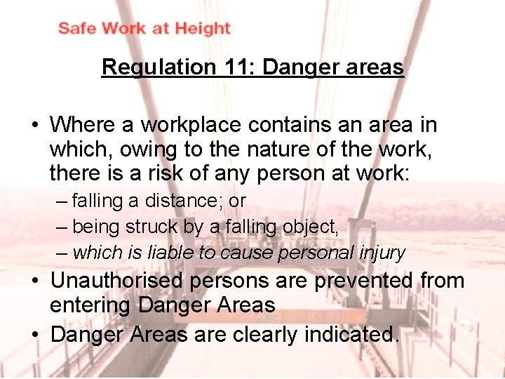 Regulation 11: Danger areas • Where a workplace contains an area in which, owing