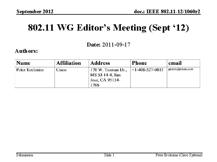 September 2012 doc. : IEEE 802. 11 -12/1060 r 2 802. 11 WG Editor’s