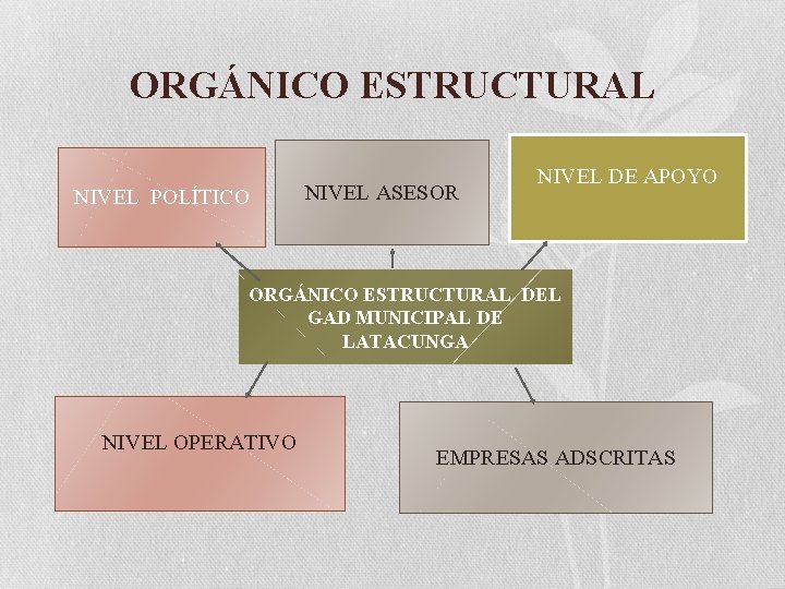 ORGÁNICO ESTRUCTURAL NIVEL POLÍTICO NIVEL ASESOR NIVEL DE APOYO ORGÁNICO ESTRUCTURAL DEL GAD MUNICIPAL