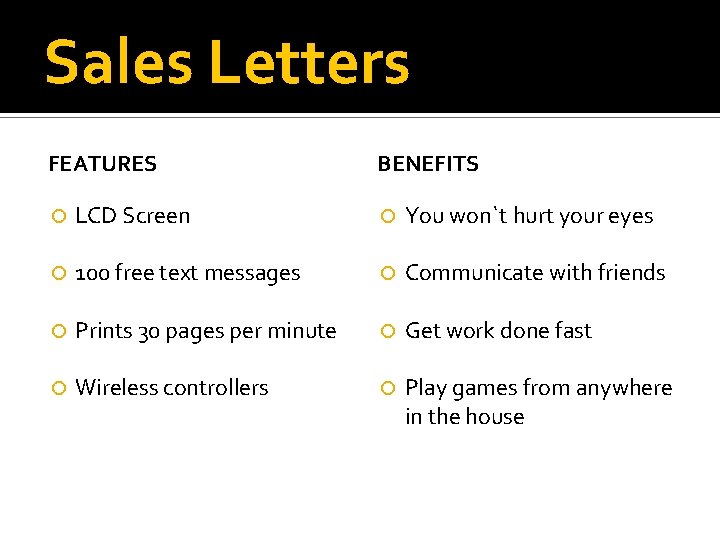 Sales Letters FEATURES BENEFITS LCD Screen You won`t hurt your eyes 100 free text