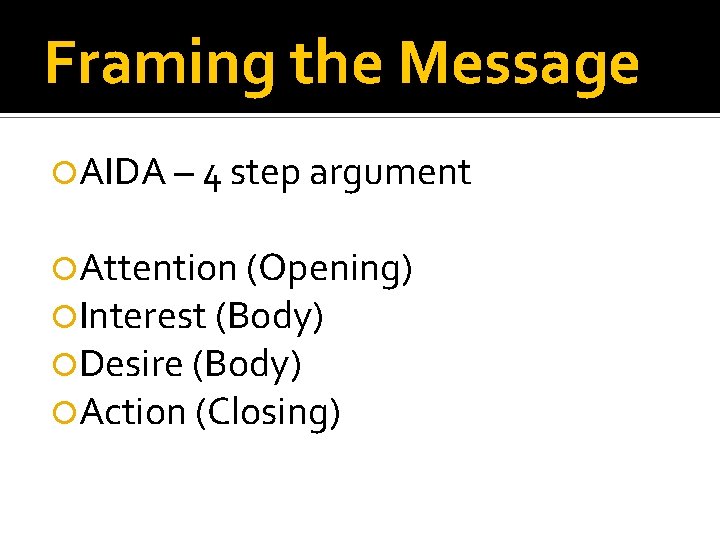 Framing the Message AIDA – 4 step argument Attention (Opening) Interest (Body) Desire (Body)