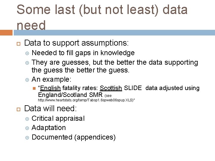 Some last (but not least) data need Data to support assumptions: Needed to fill