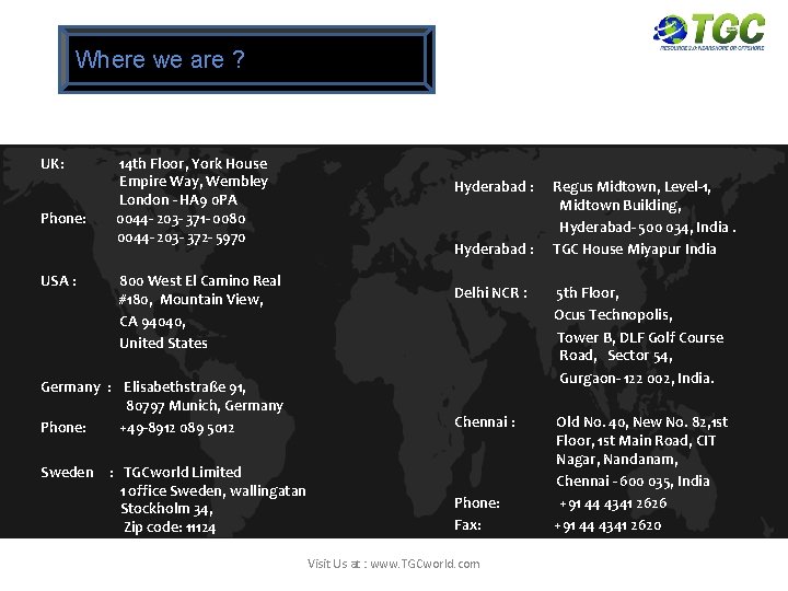 Where we are ? UK: Phone: USA : 14 th Floor, York House Empire