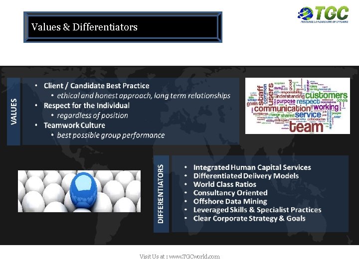 Values & Differentiators Visit Us at : www. TGCworld. com 