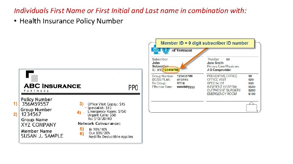Individuals First Name or First Initial and Last name in combination with: • Health