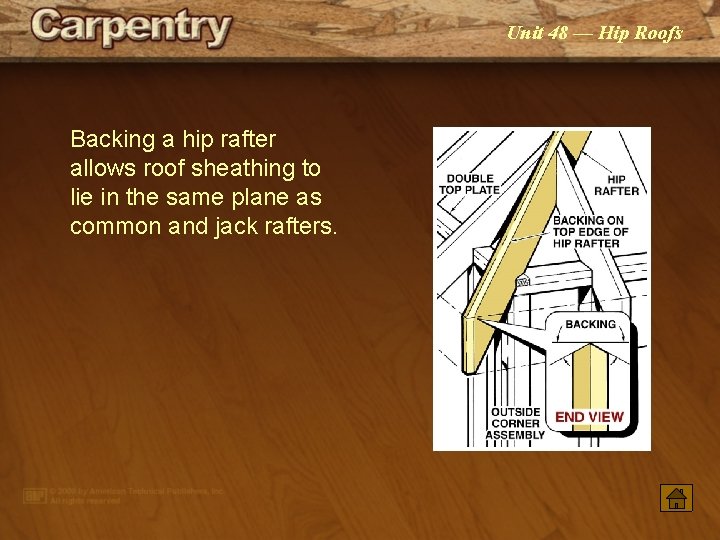 Unit 48 — Hip Roofs Backing a hip rafter allows roof sheathing to lie