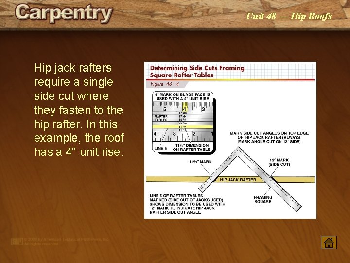 Unit 48 — Hip Roofs Hip jack rafters require a single side cut where