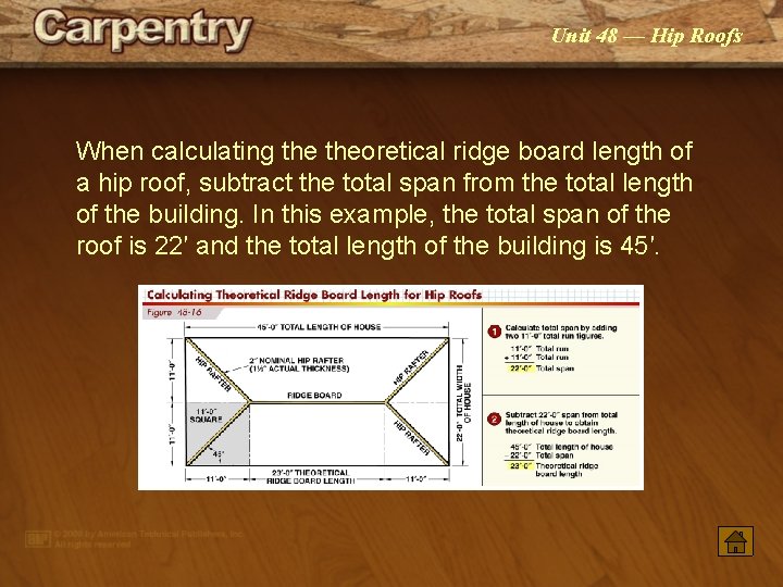 Unit 48 — Hip Roofs When calculating theoretical ridge board length of a hip