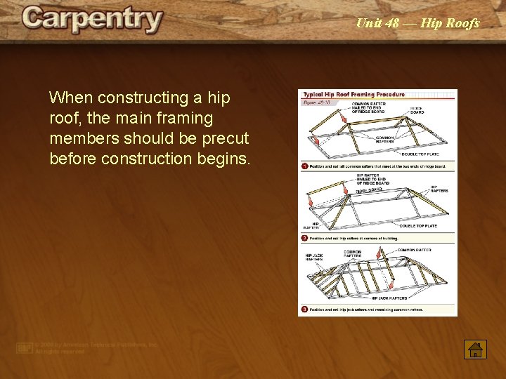 Unit 48 — Hip Roofs When constructing a hip roof, the main framing members