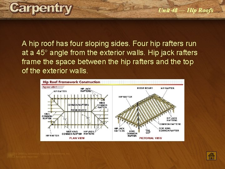 Unit 48 — Hip Roofs A hip roof has four sloping sides. Four hip