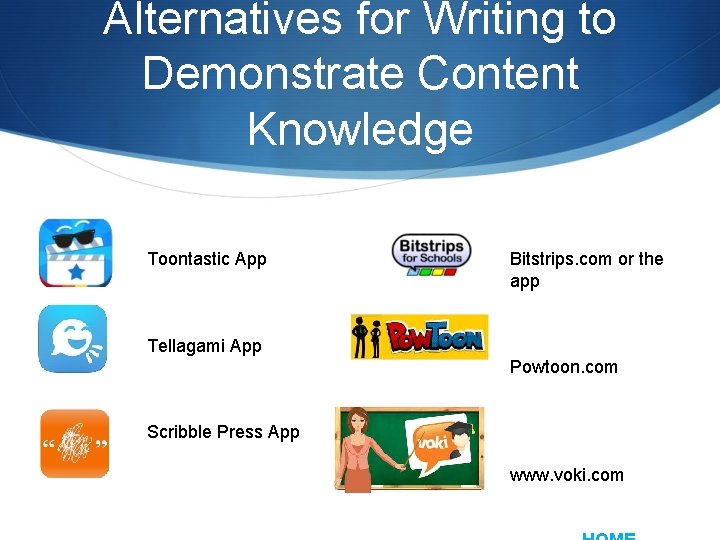 Alternatives for Writing to Demonstrate Content Knowledge Toontastic App Bitstrips. com or the app