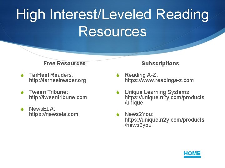 High Interest/Leveled Reading Resources Free Resources Subscriptions S Tar. Heel Readers: S Reading A-Z: