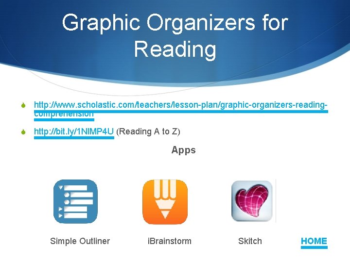 Graphic Organizers for Reading S http: //www. scholastic. com/teachers/lesson-plan/graphic-organizers-reading- comprehension S http: //bit. ly/1
