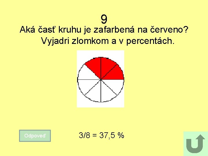 9 Aká časť kruhu je zafarbená na červeno? Vyjadri zlomkom a v percentách. Odpoveď