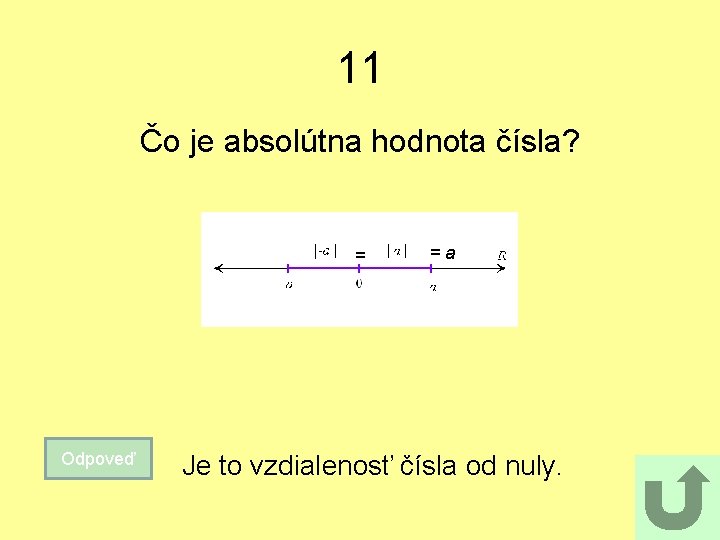 11 Čo je absolútna hodnota čísla? = Odpoveď =a Je to vzdialenosť čísla od