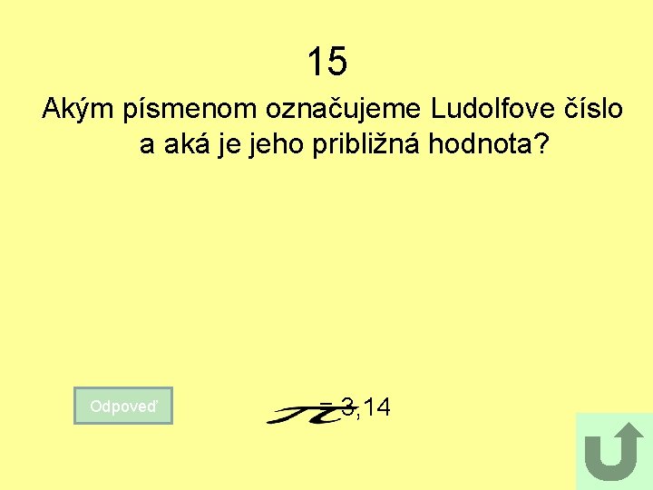 15 Akým písmenom označujeme Ludolfove číslo a aká je jeho približná hodnota? Odpoveď =