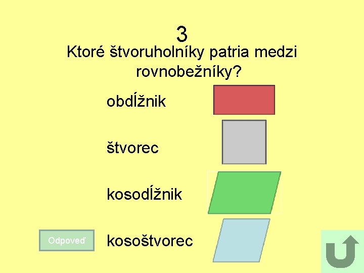 3 Ktoré štvoruholníky patria medzi rovnobežníky? obdĺžnik štvorec kosodĺžnik Odpoveď kosoštvorec 