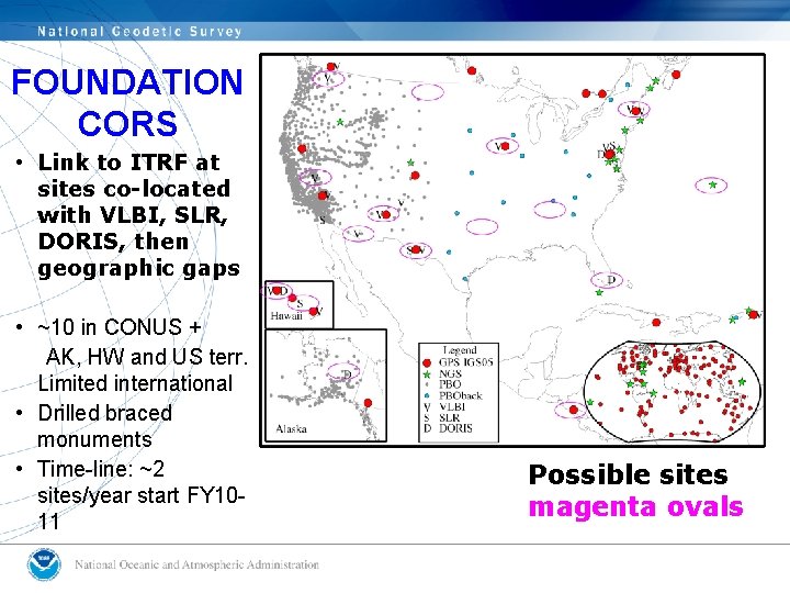 FOUNDATION CORS • Link to ITRF at sites co-located with VLBI, SLR, DORIS, then