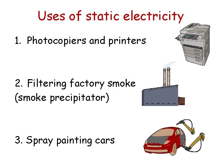Uses of static electricity 1. Photocopiers and printers 2. Filtering factory smoke (smoke precipitator)
