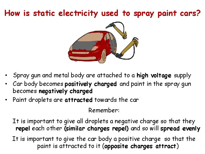 How is static electricity used to spray paint cars? • Spray gun and metal How is static electricity used to spray paint cars? • Spray gun and metal