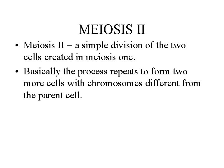 MEIOSIS II • Meiosis II = a simple division of the two cells created