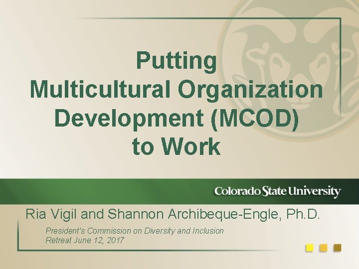 Putting Multicultural Organization Development (MCOD) to Work Ria Vigil and Shannon Archibeque-Engle, Ph. D.