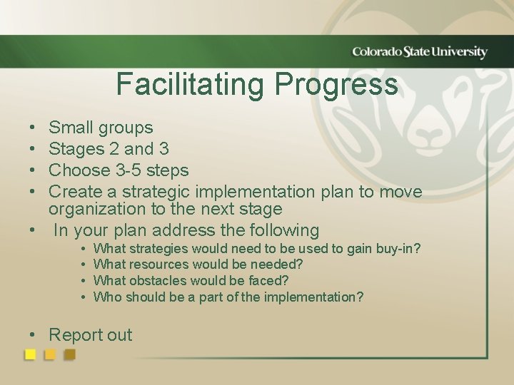 Facilitating Progress • • Small groups Stages 2 and 3 Choose 3 -5 steps