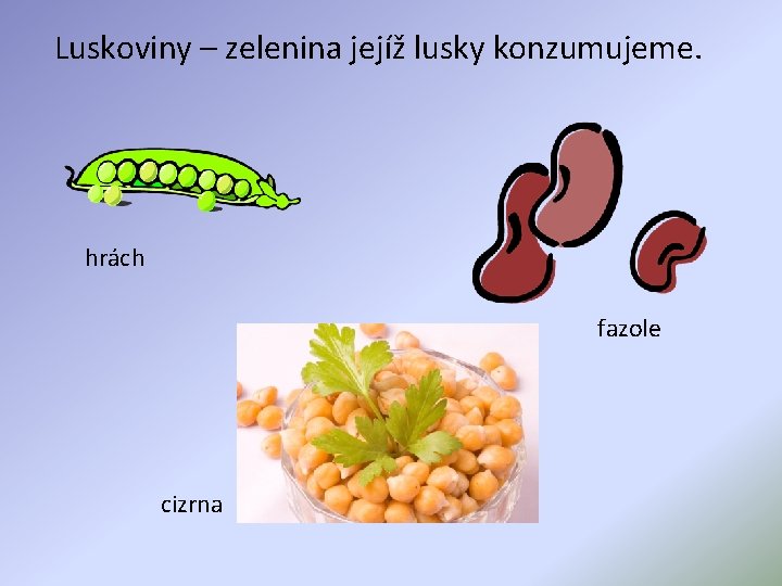 Luskoviny – zelenina jejíž lusky konzumujeme. hrách fazole cizrna 