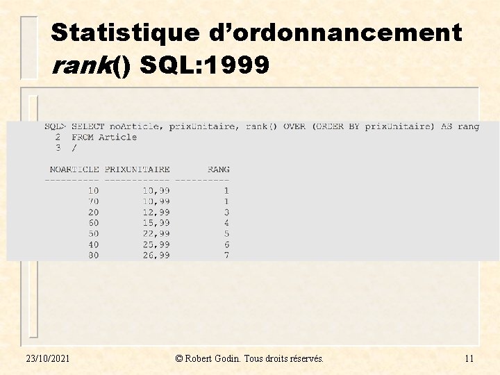 Statistique d’ordonnancement rank() SQL: 1999 23/10/2021 © Robert Godin. Tous droits réservés. 11 