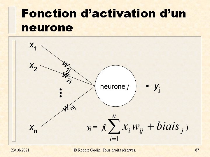 Fonction d’activation d’un neurone 23/10/2021 © Robert Godin. Tous droits réservés. 67 