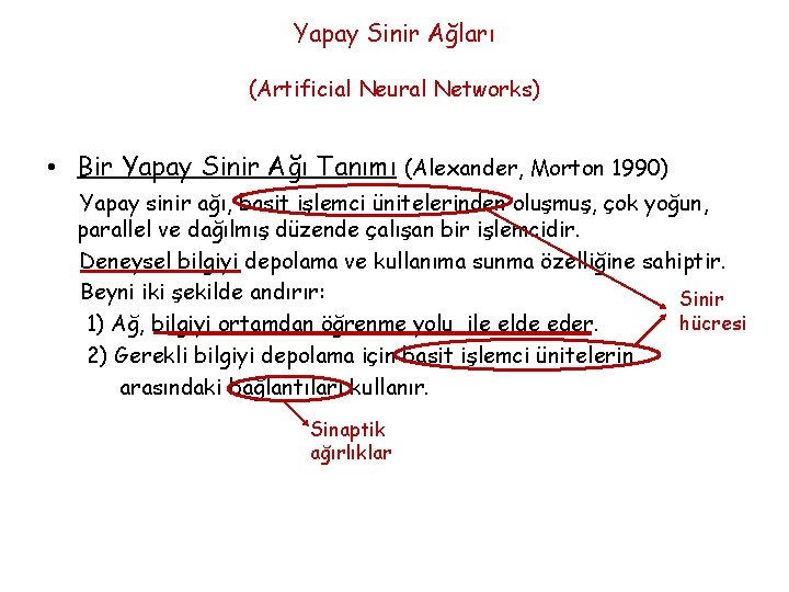 Yapay Sinir Ağları (Artificial Neural Networks) • Bir Yapay Sinir Ağı Tanımı (Alexander, Morton