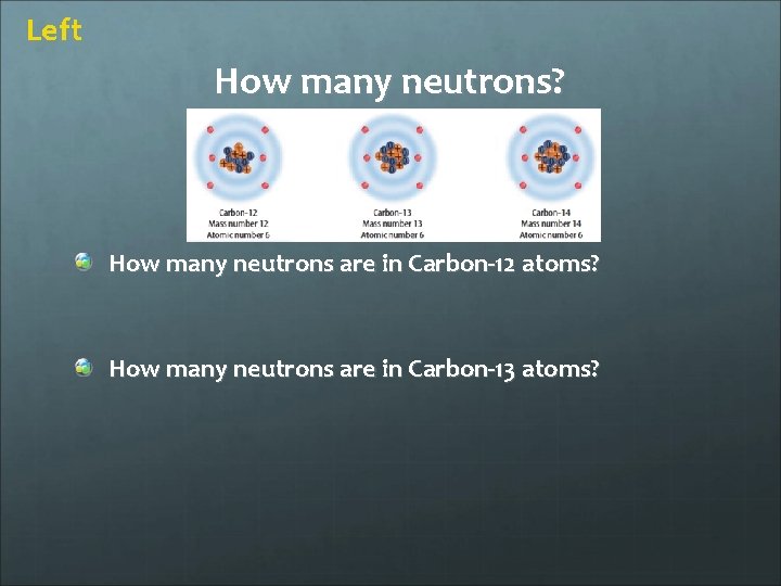 Left How many neutrons? How many neutrons are in Carbon-12 atoms? How many neutrons