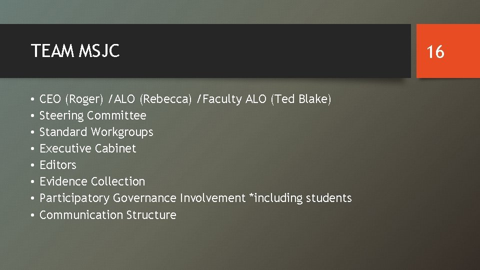 TEAM MSJC • • CEO (Roger) /ALO (Rebecca) /Faculty ALO (Ted Blake) Steering Committee