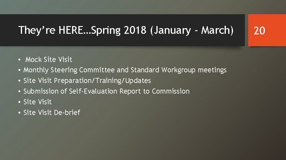 They’re HERE…Spring 2018 (January - March) • • • Mock Site Visit Monthly Steering