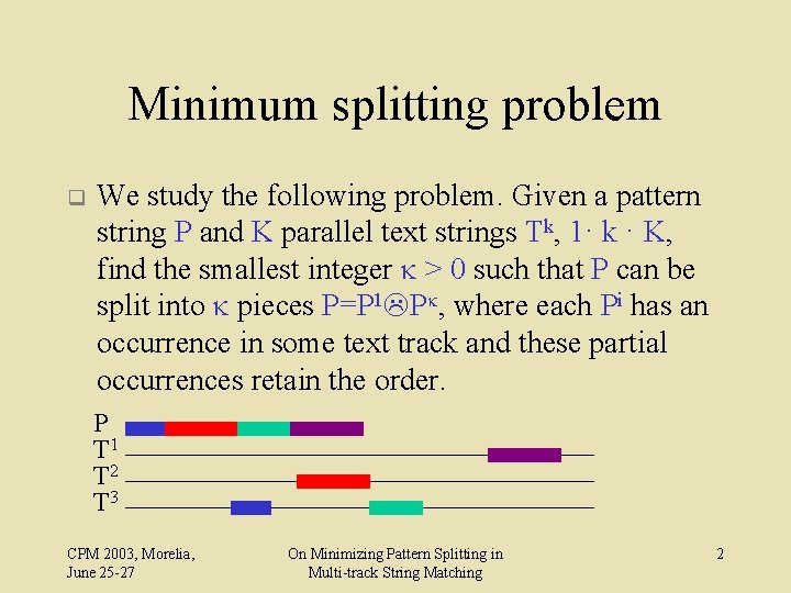 Minimum splitting problem q We study the following problem. Given a pattern string P