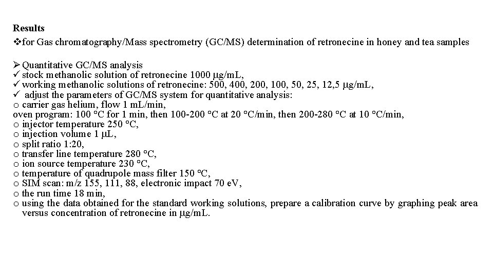 Results vfor Gas chromatography/Mass spectrometry (GC/MS) determination of retronecine in honey and tea samples