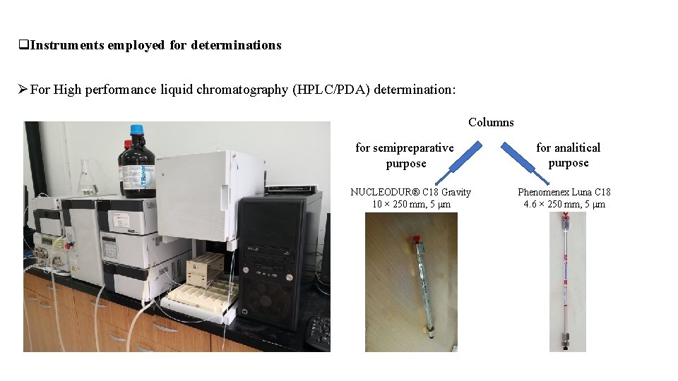 q. Instruments employed for determinations Ø For High performance liquid chromatography (HPLC/PDA) determination: Columns