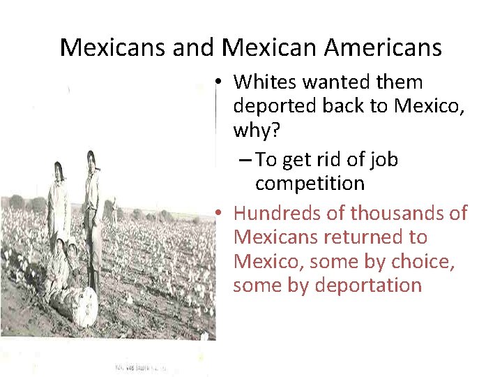 Mexicans and Mexican Americans • Whites wanted them deported back to Mexico, why? –
