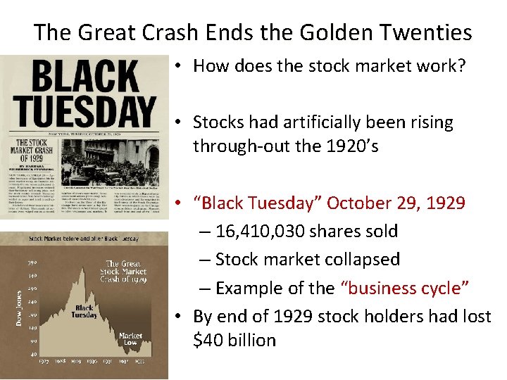 The Great Crash Ends the Golden Twenties • How does the stock market work?