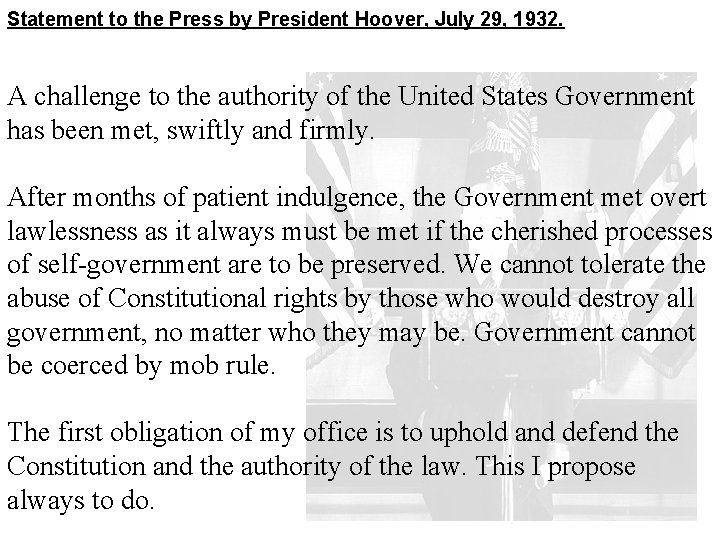 Statement to the Press by President Hoover, July 29, 1932. A challenge to the