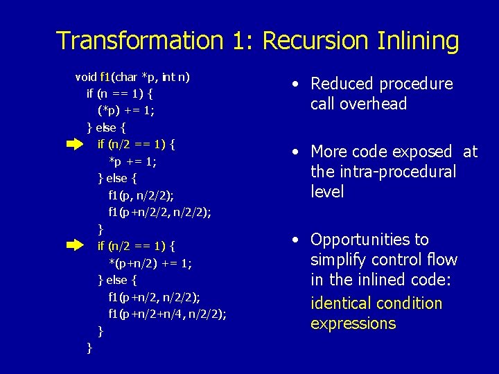 Transformation 1: Recursion Inlining void f 1(char *p, int n) if (n == 1)