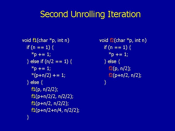 Second Unrolling Iteration void f 1(char *p, int n) if (n == 1) {