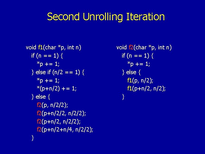Second Unrolling Iteration void f 1(char *p, int n) if (n == 1) {