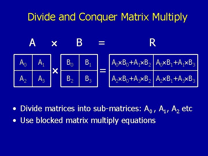 Divide and Conquer Matrix Multiply A A 0 A 1 A 2 A 3